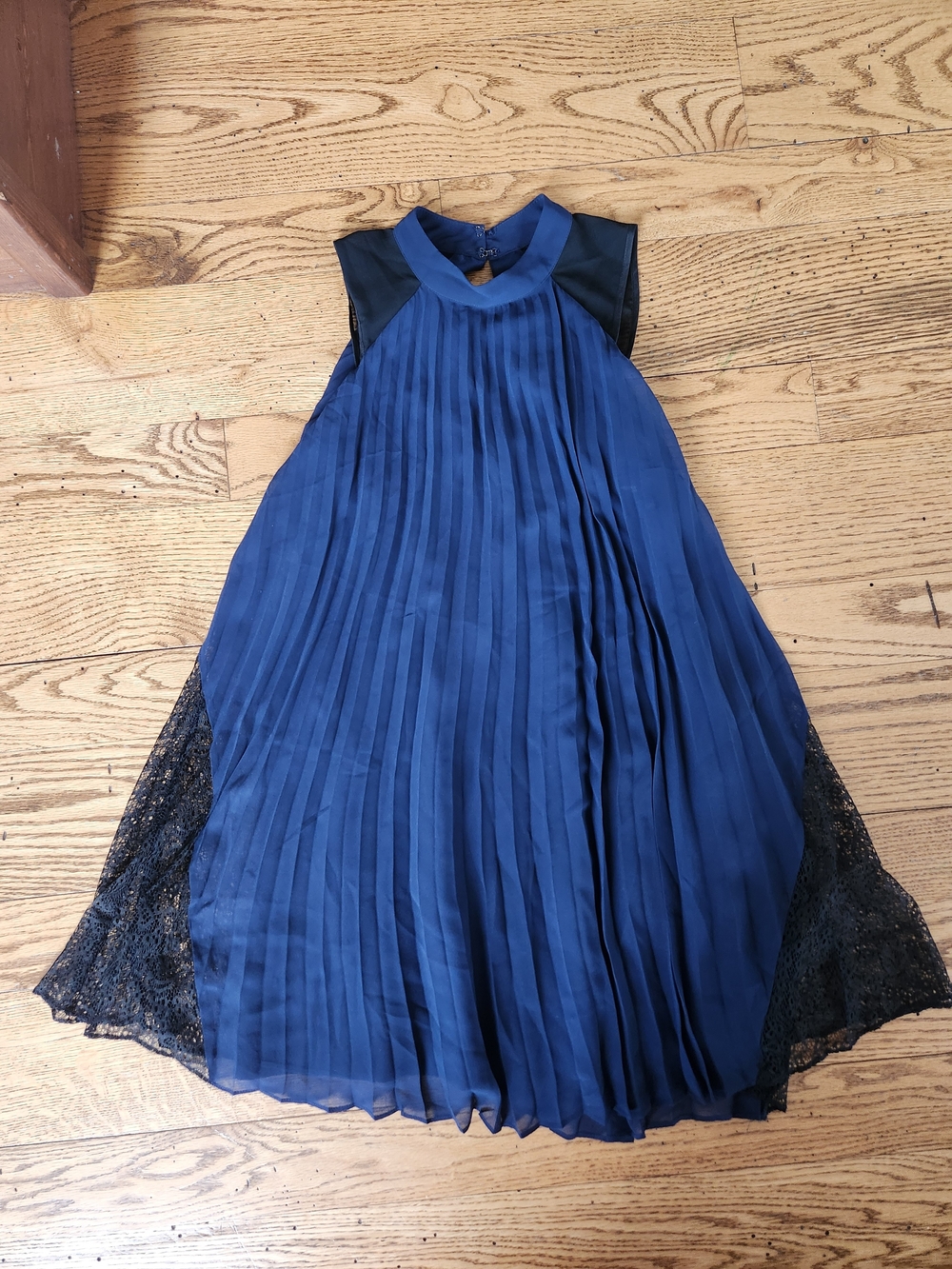 Navy Pleated Lace-Panel Dress